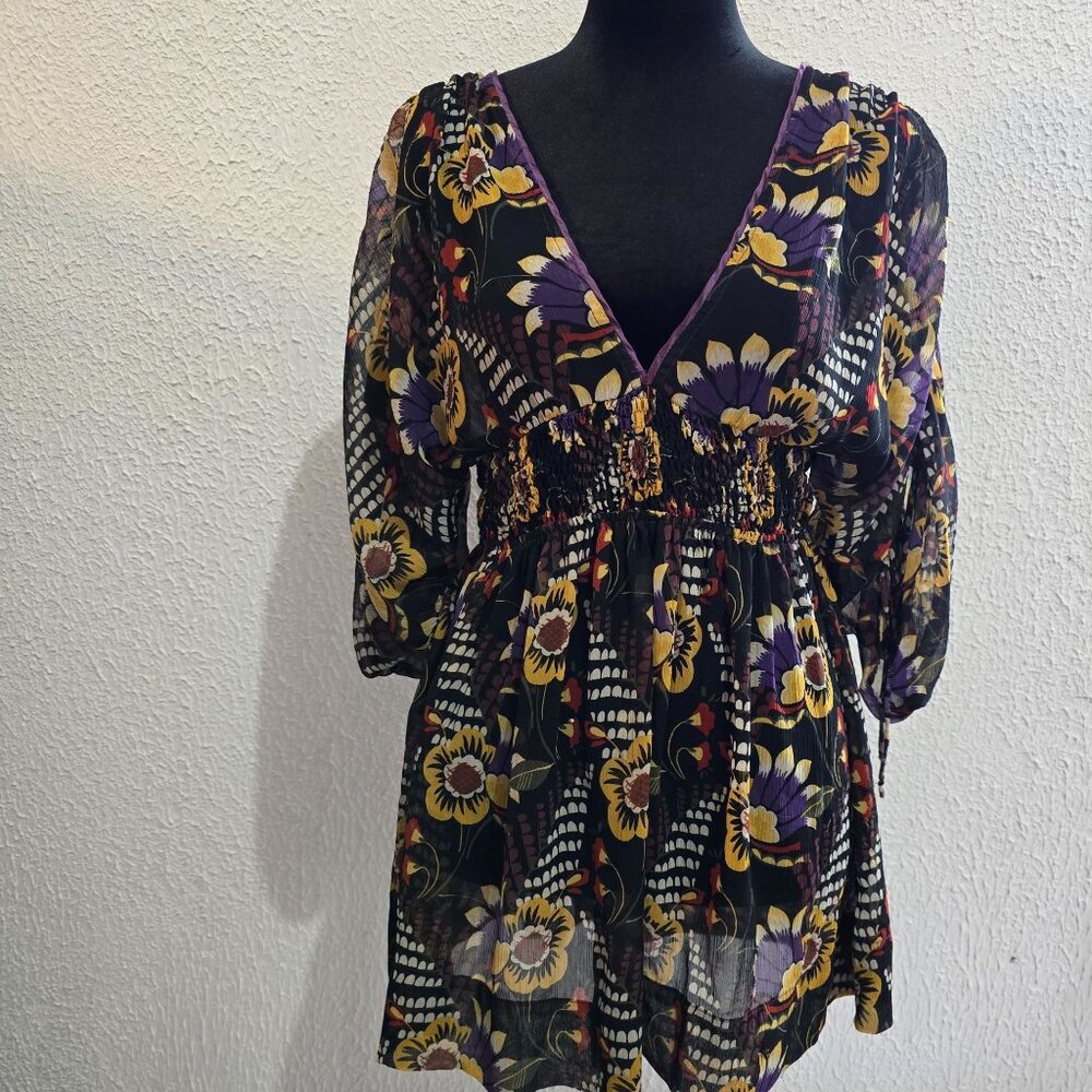 Floral Sheer‎ V-Neck Tunic Dress With Elastic Waist & 3/4 Sleeves Size M